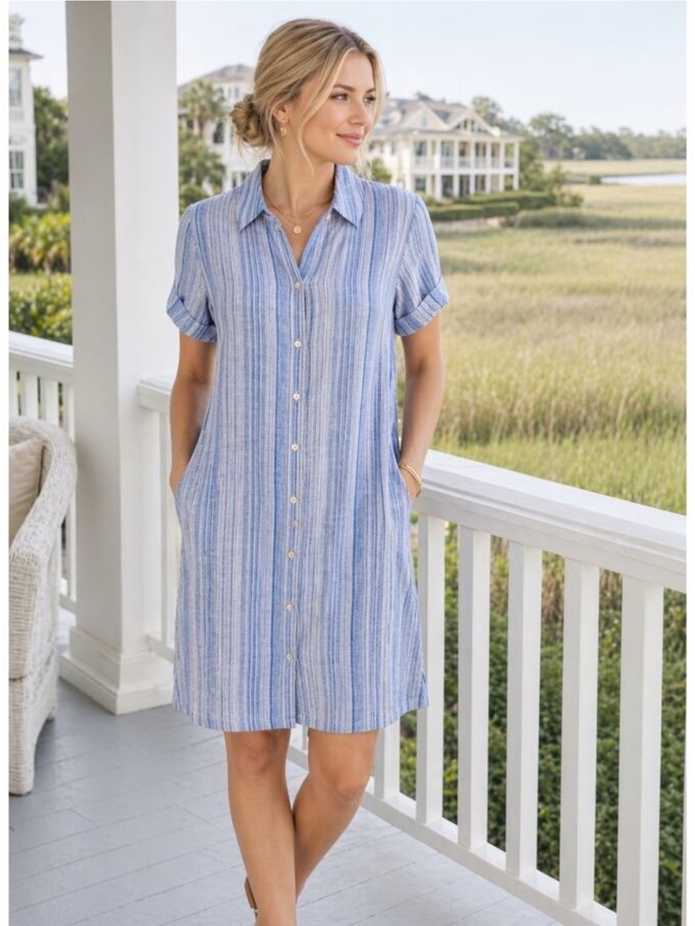 Tahari Linen Stripe Shirtdress Blue White Button Front 1X - Picture 2 of 11